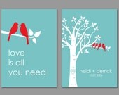Personalized Custom Love Bird Wedding Family Tree - Birds on Branch - Love is All You Need - Set of 2 prints- 5x7s