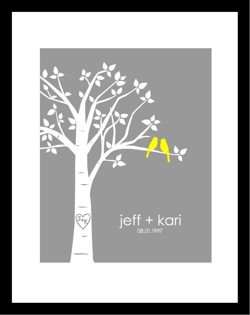 Personalized Custom Love Birds Family Wedding Tree - Wedding Gift or Anniversary Gift - 11"x14" (Yellow/Gray)