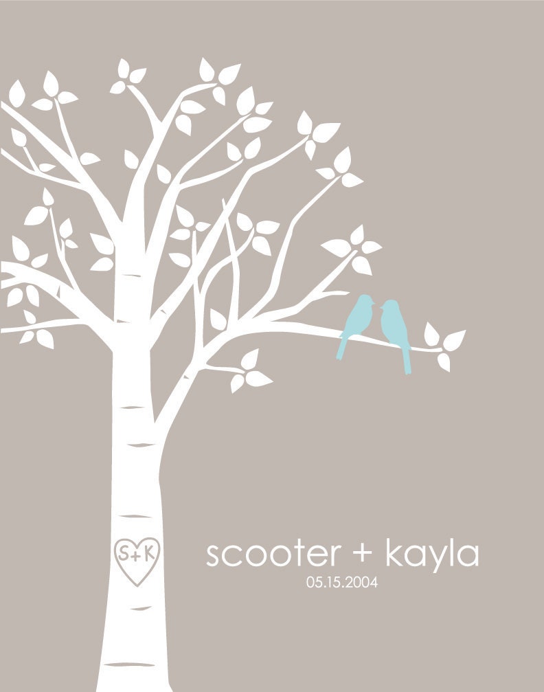 Personalized Custom Love Birds Family Tree - 11"x14" (Pale Blue/Light Taupe)