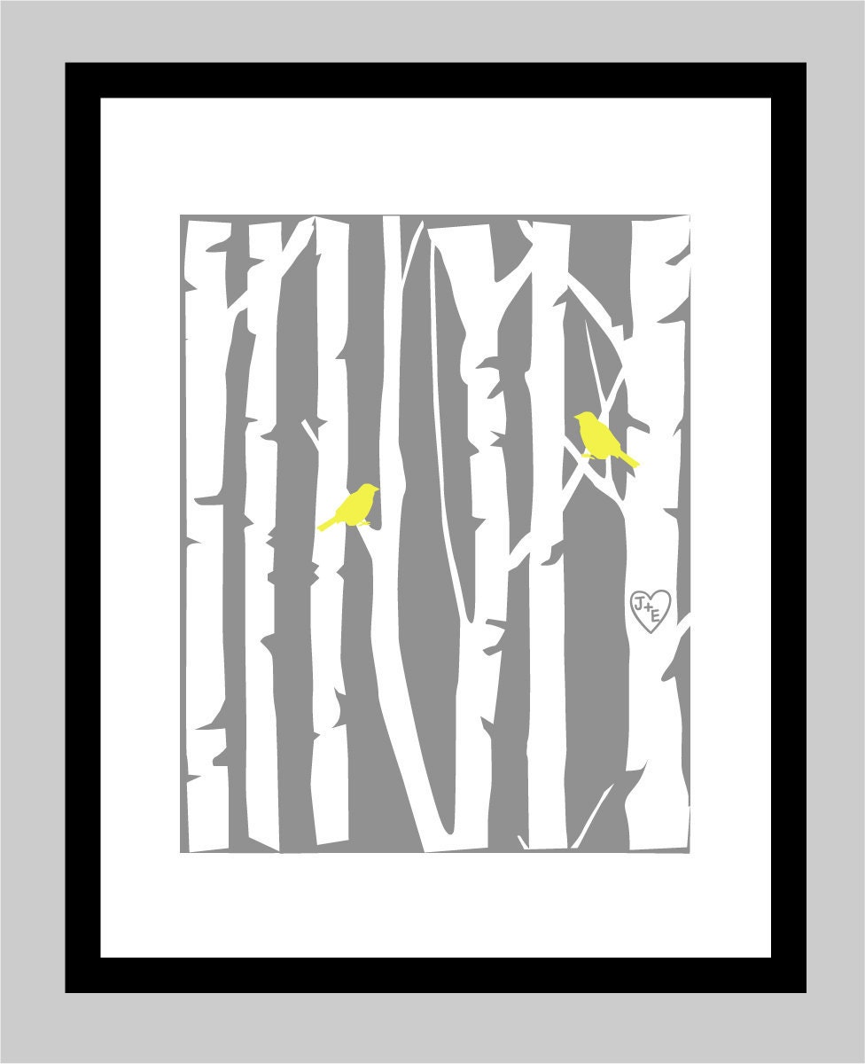 Birch Tree Love Bird Wedding Poster with Carved Initials - Anniversary Gift - Wedding Decor -16"x20"