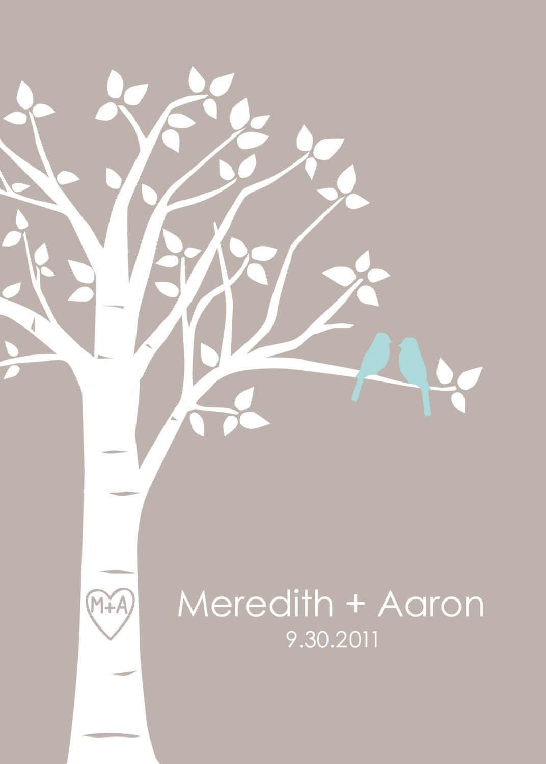Personalized Custom Love Birds Family Tree - Bird on Branch - Set of three 5"x7"s (Pale Blue/Taupe)