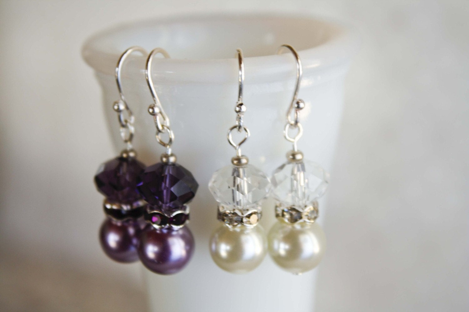 Purple Pearl & Swarovski Crystal Earrings - Custom Colors Available