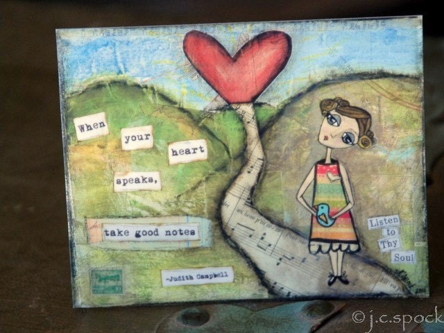 Mixed Media ACEO: Receptive Girl, Whimsical Art, Folk Art, Inspirational Art, mini art, collectible art,  Girl Art - red, blue, rainbow