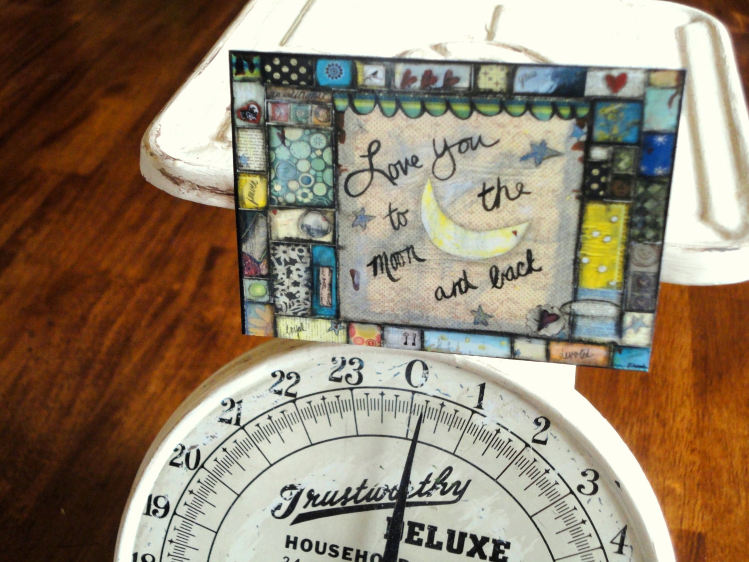 Mixed Media Art Magnet: Moon Mosaic flexible fridge magnet - Whimsical Art, Inspirational Art, Mosaic Art, Mixed Media Mosaic, blue, yellow