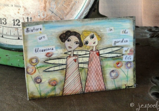 Mixed Media ACEO: The Sisters, mini art card, whimsical art, inspirational art, folk art, sisters, sisterhood, pastel, pink, blue