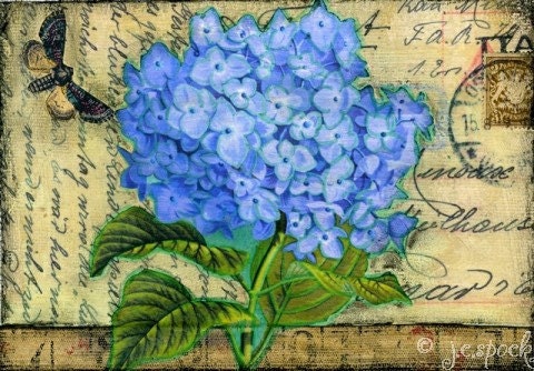 Mixed Media Art: Vintage Hydrangea, 8x10 print, Whimsical Art, Folk Art, Wall Art, Flower Art - cornflower blue