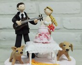 Musician couple custom wedding cake topper decoration with cake and dogs