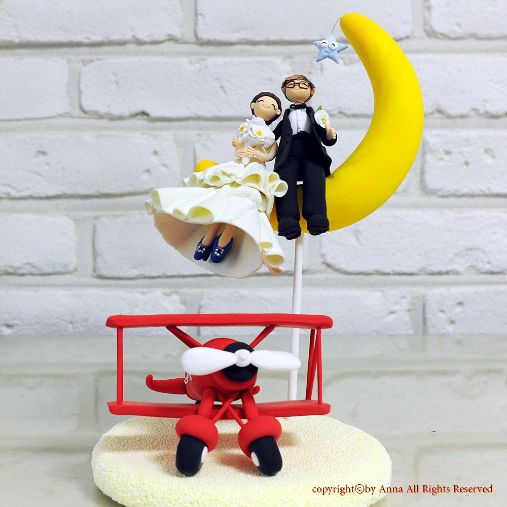Fly to the moon with red plane custom wedding cake topper decoration gift keepsake