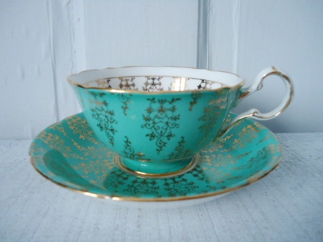 Vintage Teal and Heavy Gold Gilt Tea Cup and Saucer