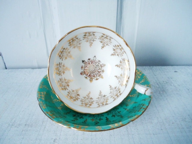 Vintage Teal and Heavy Gold Gilt Tea Cup and Saucer