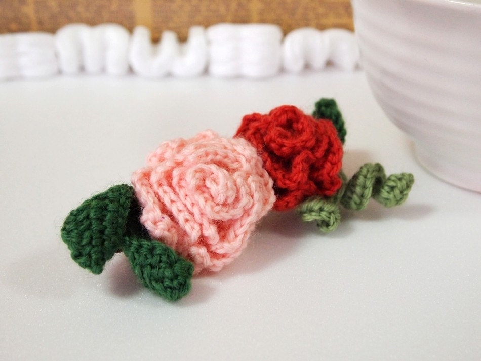 Hand Crocheted Long Flower Barrette - Romantic Rosette Blossom in Pink and Brownish Red