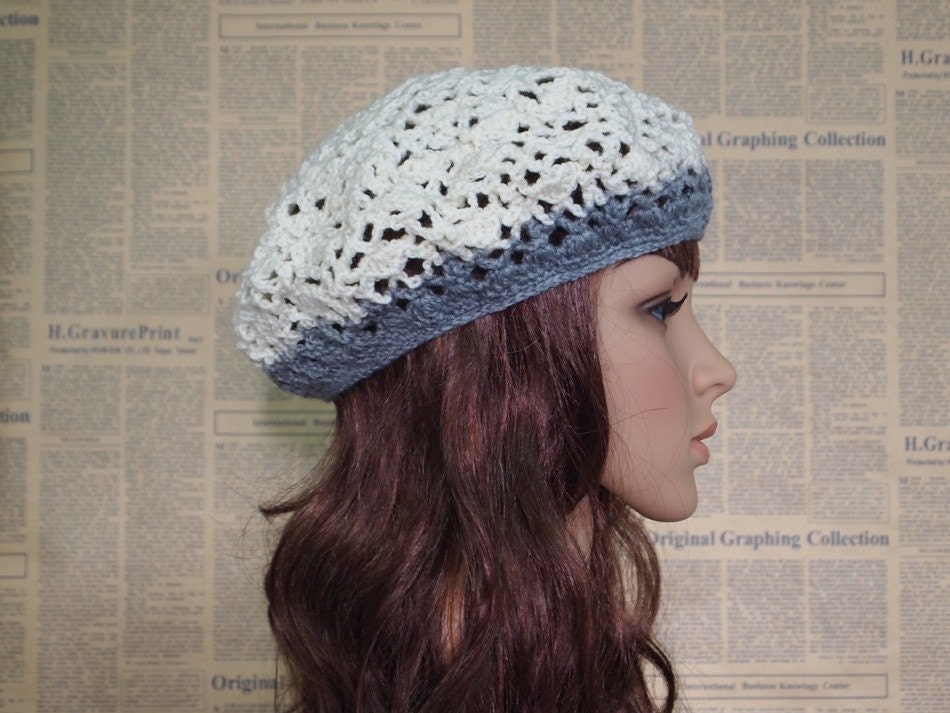 Hand Crocheted Hat - Lace Beret in Cream and Gray for Teen Girl and Adult Woman