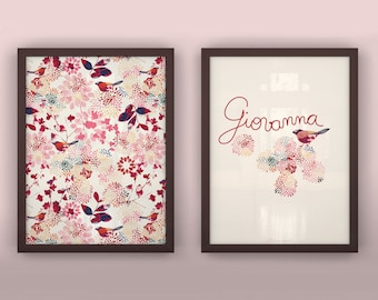 Baby wall art custom print set floral birds hand lettered green red gray - Unframed  11 3/4  x 15 3/4" - Mysteries