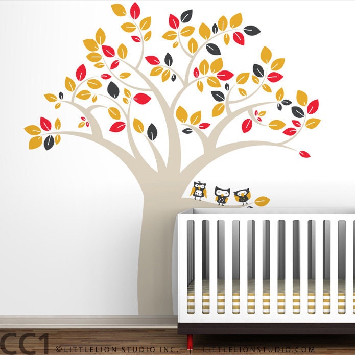 Owl Tree Extra Large Wall Decal - Fun, large owl tree decal - Modern Kids Wall Mural - Brown, red, charcoal, yellow and more colors