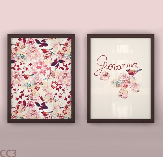 Baby wall art custom print set floral birds hand lettered green red gray - Unframed  11 3/4  x 15 3/4" - Mysteries