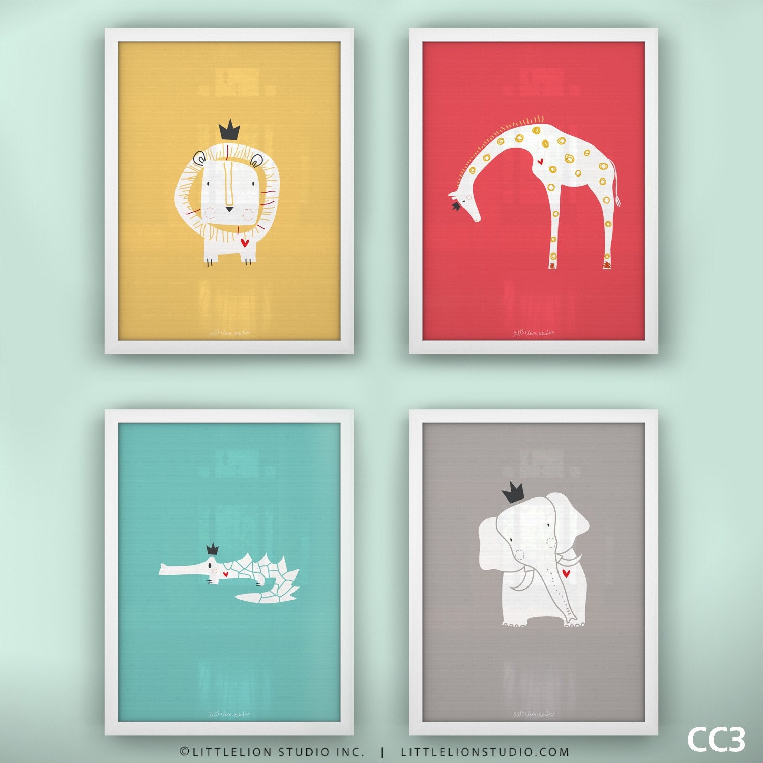 Baby wall art prints lion giraffe elephant crocodile wall decor safari children art - Unframed 11 3/4  x 15 3/4" - Royal Safari Art Prints