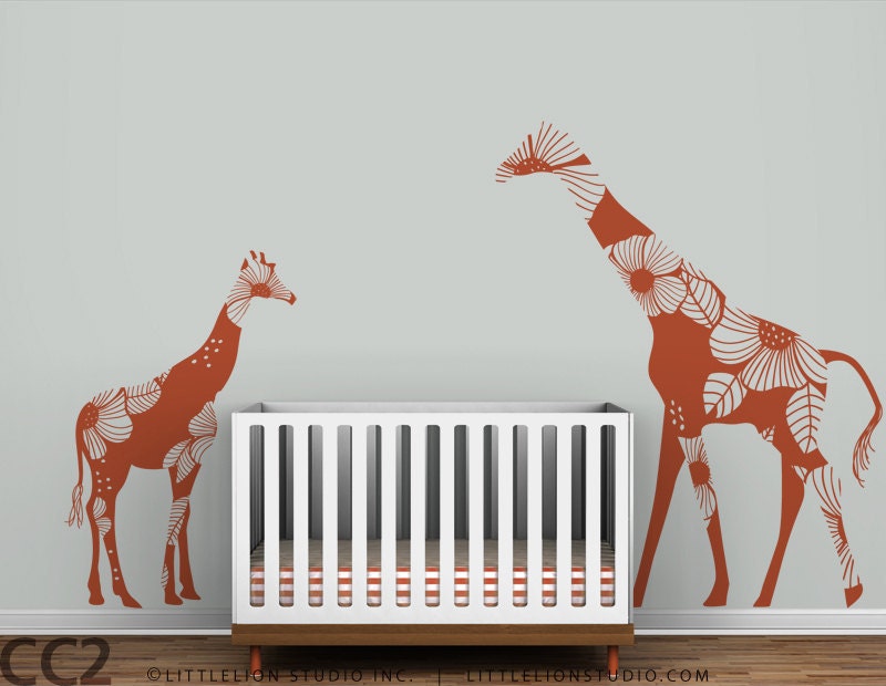 Mom and Baby Floral Giraffes Wall Decals - Yellow, orange, white, brown
