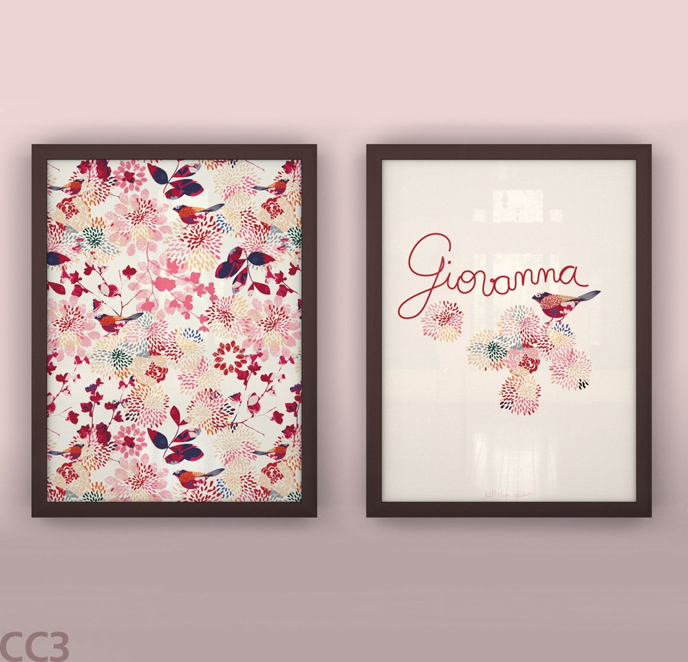 Baby wall art custom print set floral birds hand lettered green red gray - Unframed  11 3/4  x 15 3/4" - Mysteries
