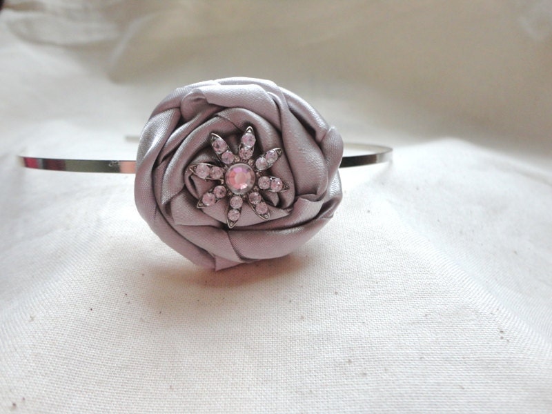Satin Flower Skinny Metal Headband or Hair Clip with Gemstone Flower Center