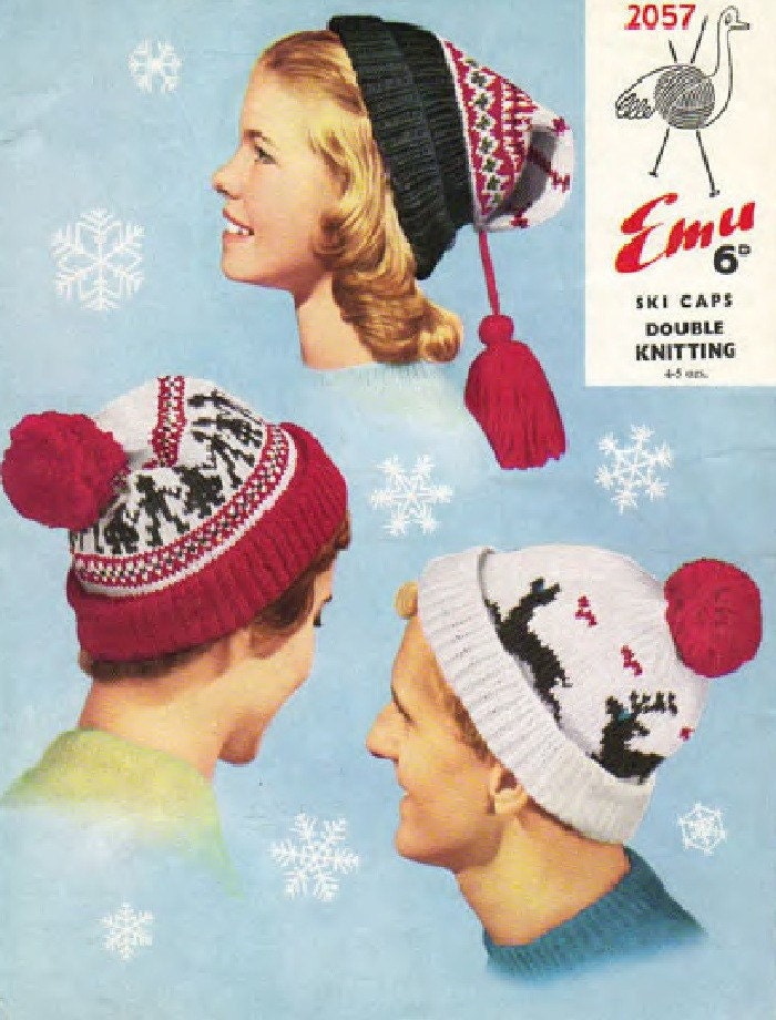 Emu 2057 Vintage Knitting Patterns Three Winter Wonderland Fair Isle Ski Cap Patterns
