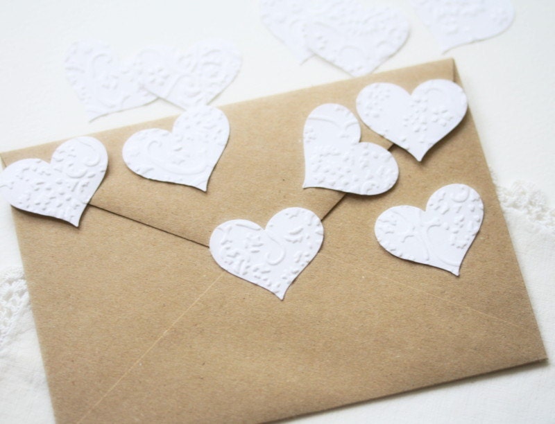 Wedding Stickers Seals Hearts  -  24 Embossed White French Lace Elegant Seals For Envelopes Gift Wrap Favor Bags