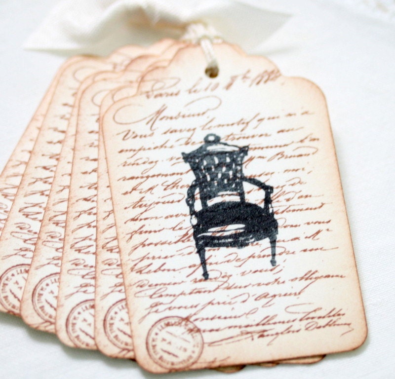 Sepia French Script and Chair Gift Tags, Vintage Shabby Chic Style Gift Embellishment