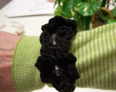 Another Apology - handmade crocheted bracelet, three crocheted cotton flowers, center beads, black or DIY color - crazyadsteam