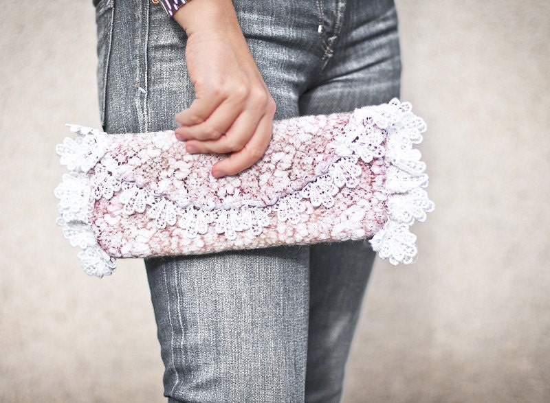Clutch Vintage French Lace Felted Bag Pastel Blush Tea Rose Pink neutral OOAK wedding bridal fashion