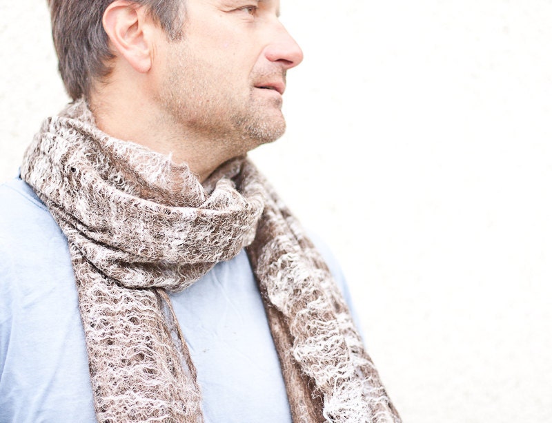 Free shipping Felted Cobweb Scarf Unisex Felt Wrap Women Men Chocolate Brown rustic eco friendly for him teamcamelot tbteam elitett