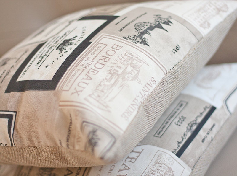 Pillow Cover French Country Vineyard 16 x 16 Oatmeal Beige Neutral Rustic Shabby Chic Vintage style Vine Labels teamcamelot