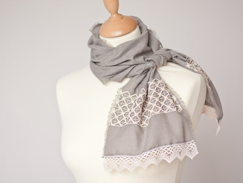 Linen Scarf Vintage French Lace Eco Friendly Natural Gray Beige summer boho neutral OOAK