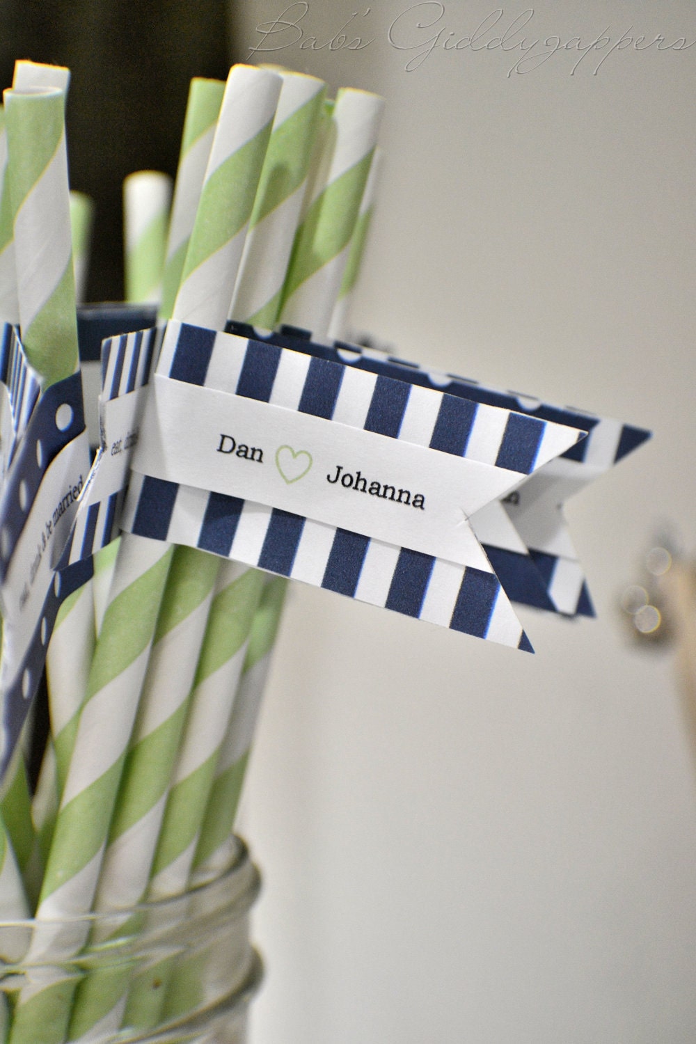 Green and White Straws with Navy Design Flags