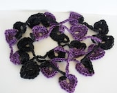 Black and Purple Crochet Lariat Scarf Necklace Hearts Hand Dyed Merino Wool Cashmere Blend OOAK