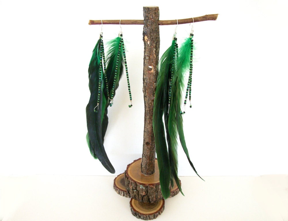 Beaded Feather Earrings Black and Green Emerald Green Jewelry Feather Jewelry Seed Beads