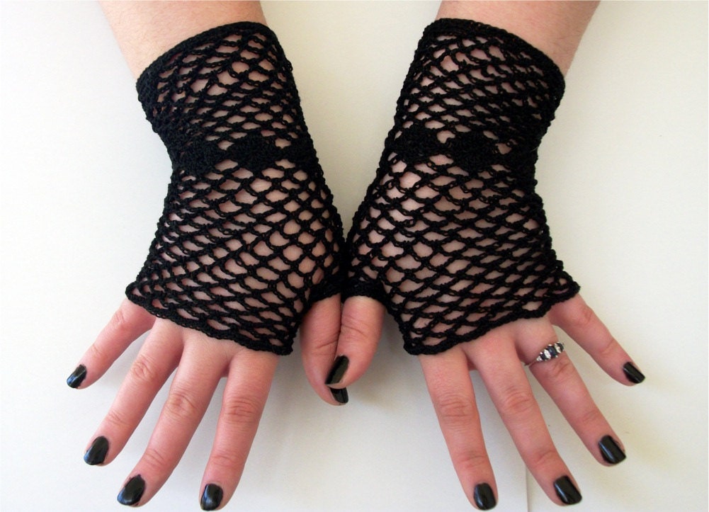 Goth Black Fishnet Gloves Lace Fingerless Gloves Black Gloves Crochet With Diamond Geometric Accent
