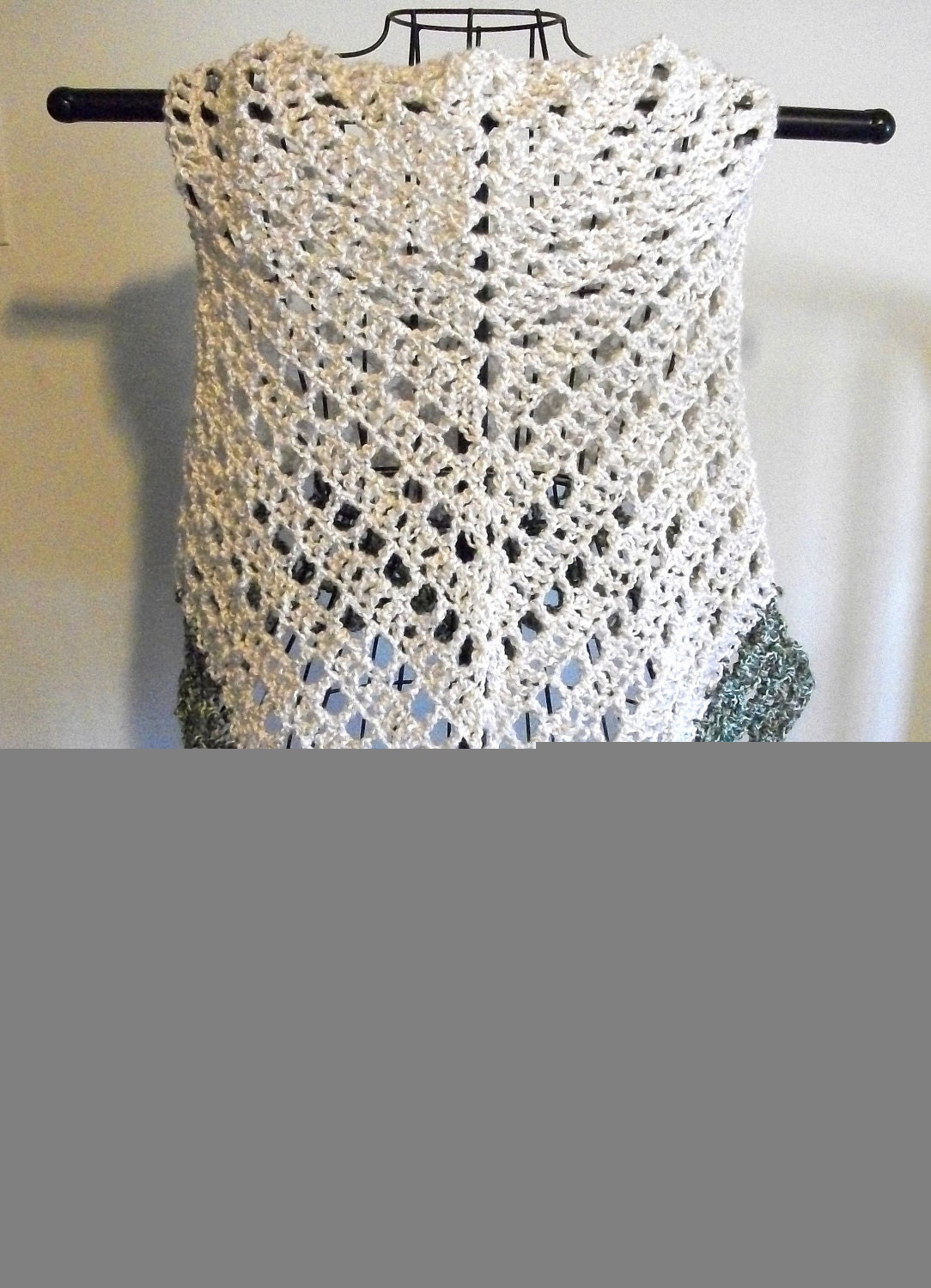 Lace Shawl Cream/ Off White And Ivy Green Crochet Shawl Cotton Blend Triangle Shape