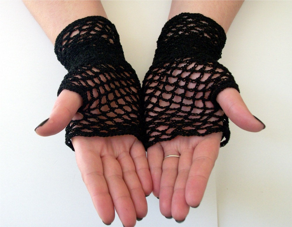 Goth Black Fishnet Gloves Lace Fingerless Gloves Black Gloves Crochet With Diamond Geometric Accent