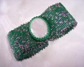 Rose Quartz with Green and Pink Beadwoven Cuff Bracelet