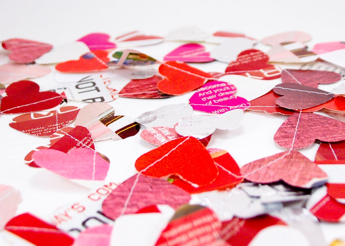 Recycled Paper Garland, Red Pink and White Heart Bunting -  made to order