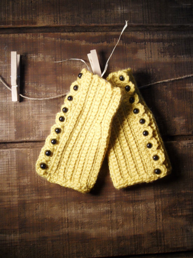 Gold / Yellow Crochet Fingerless Gloves with Black Button detail, Vintage look-texting gloves
