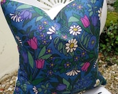 Vintage 1970s Flower Waltz Blue Jonelle Linen Fabric Cushion Pillow