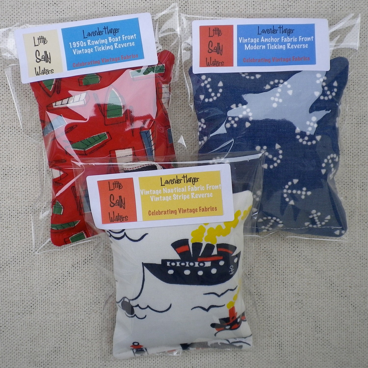 Lavender Scented Bags TRIO Vintage Nautical Boats Anchor Print Fabric