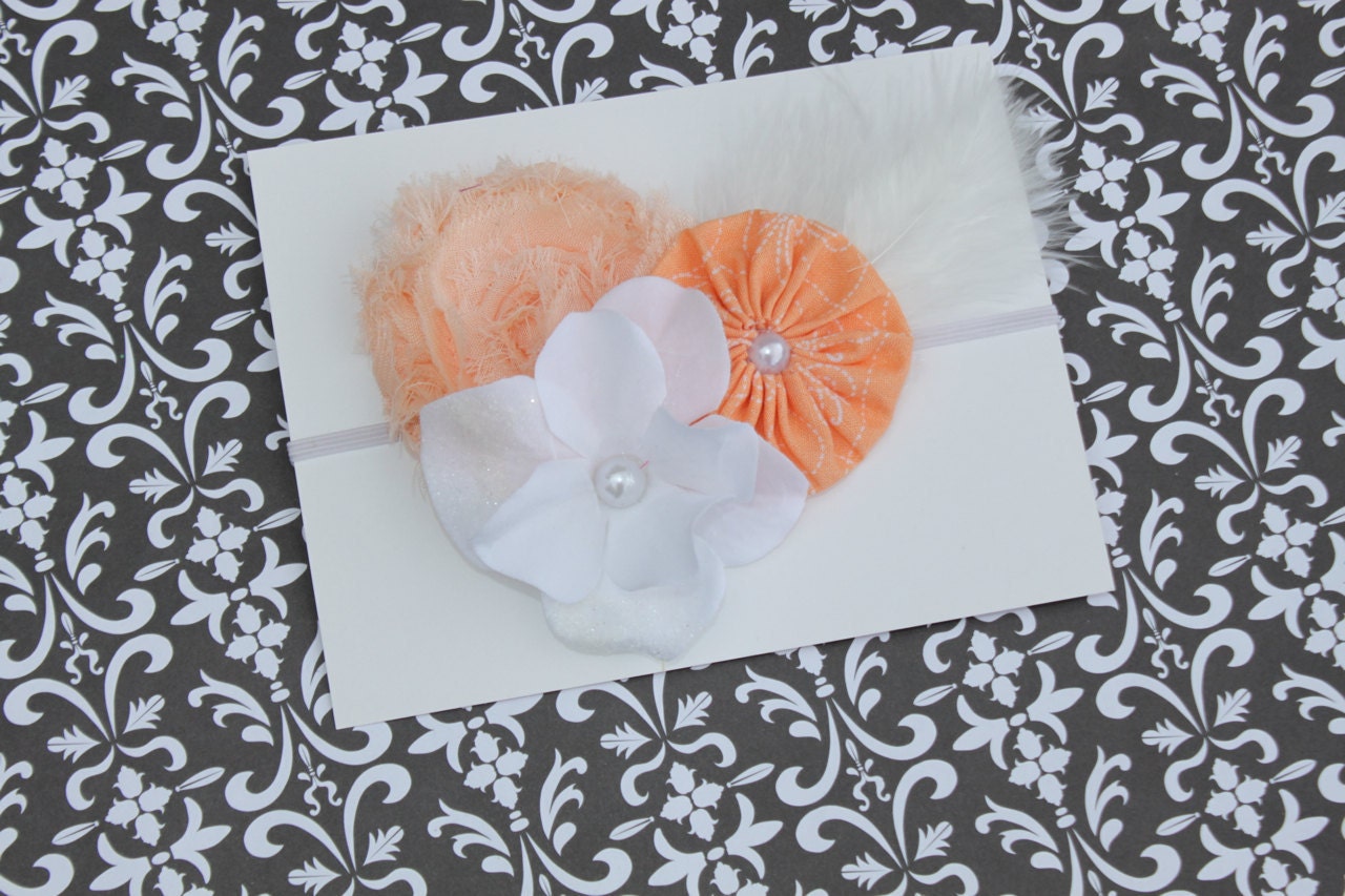 SPRING Collection Peach  and White Shabby  Headband with White Ostrich Feathers  (Newborn, Toddler, Child)  Photo Prop