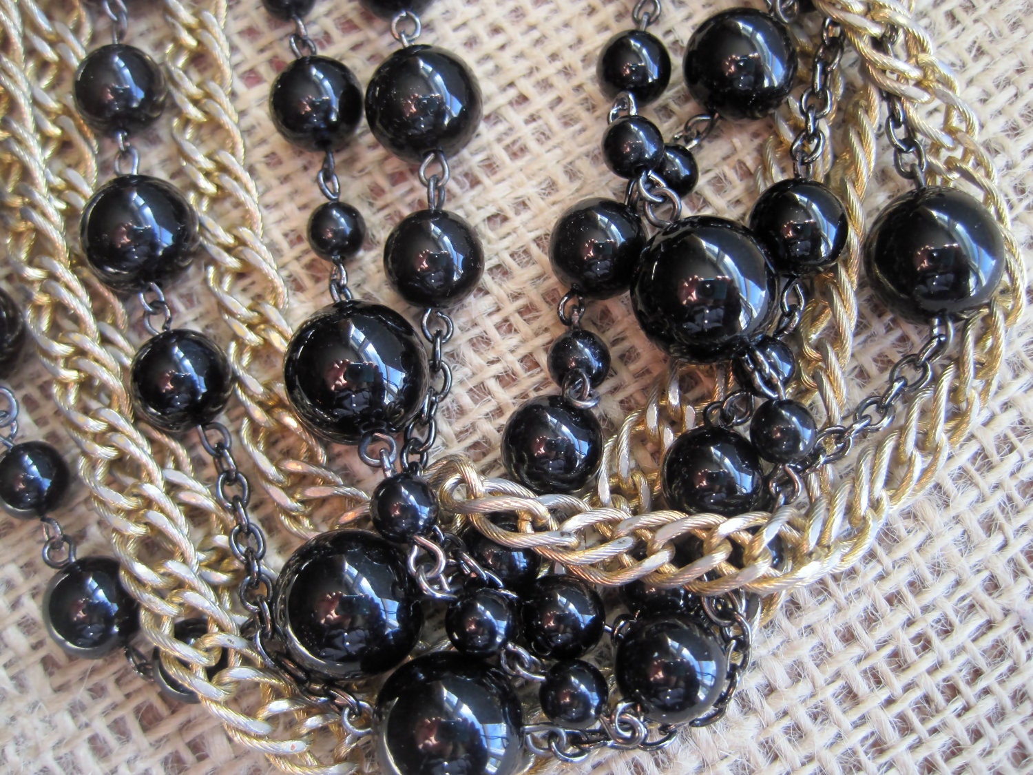 Upcycled Vintage Jewelry Black and Gold Chain MultiLayered Statement Necklace