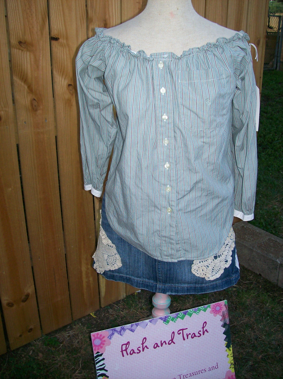 Upcycled Recycled Western Pearl Snap Shirt Peasant Blouse Green Stripes