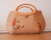Vintage Purse,  Woven Straw Tote Bag with Wood Handles