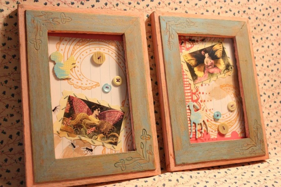 Framed Art Set - can SISTERS ever get ALONG -  2 Fairy Fairies Altered Art Frames Collage Mixed Media Repurposed Picture Frame Upcycled