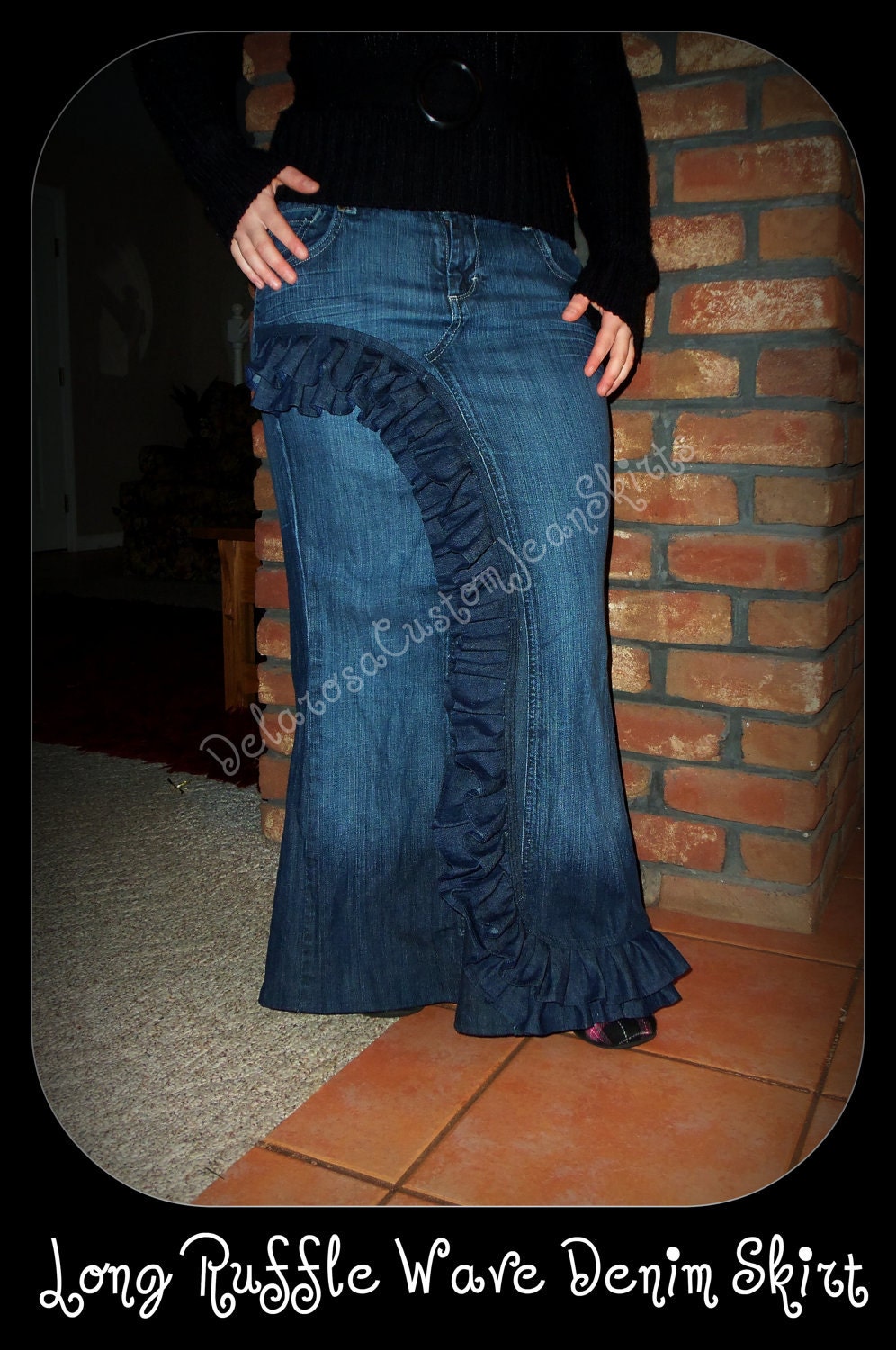 Custom Order to Your size Front Ruffle Wave Long Jean Skirt size 16 and up