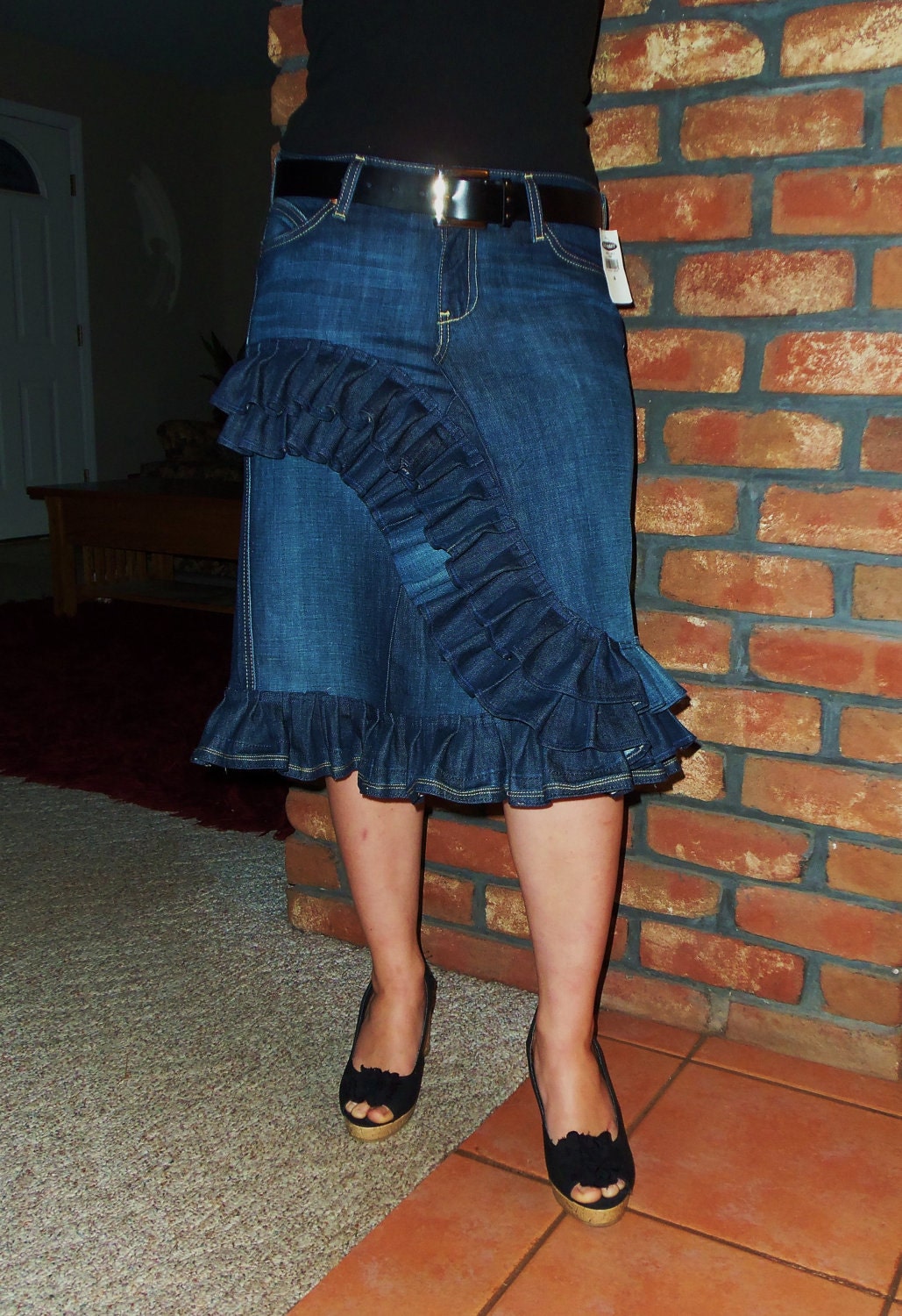 Custom Order to Your size Ruffle Wave w/bottom ruffle Jean Skirt size 0-18