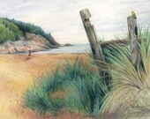 Ocean landscape with beach and dunes, woman looking out to sea, little yellow bird - "Oceanview" - Original Art